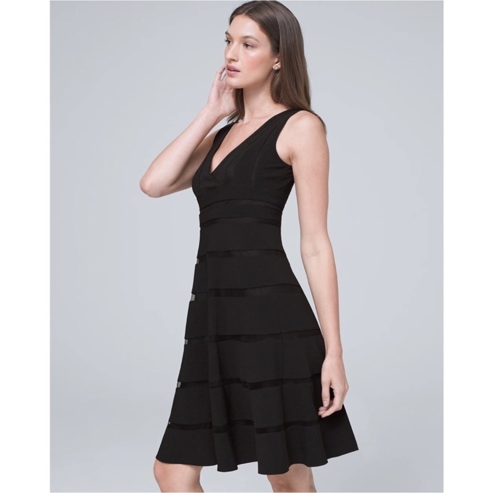 WHBM Black V-Neck Shadow Stripe Mesh Party Dress 00 - Picture 1 of 16